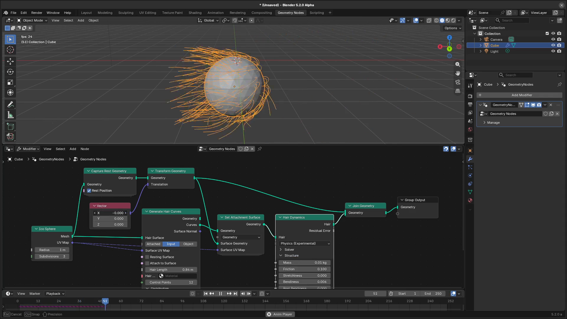 Blender 5.2 LTS|ジオメトリノードによるヘアダイナミクスの公式デモ
