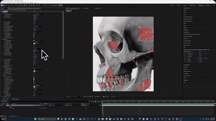 検出したかたまりを最小全域木で結び、領域内にエフェクトをかけた状態(画像: AE Blob Tracker)