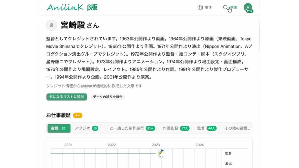 クリエイターページ。担当した役職の変遷がクレジットから自動で文章化されている