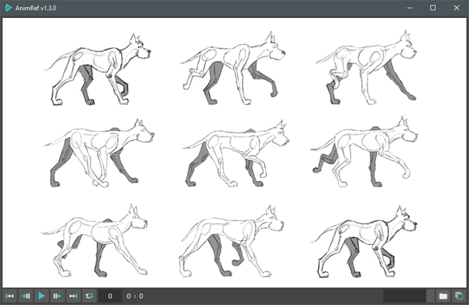 AnimRefのUI。犬の歩行サイクルの作画が並んでいる