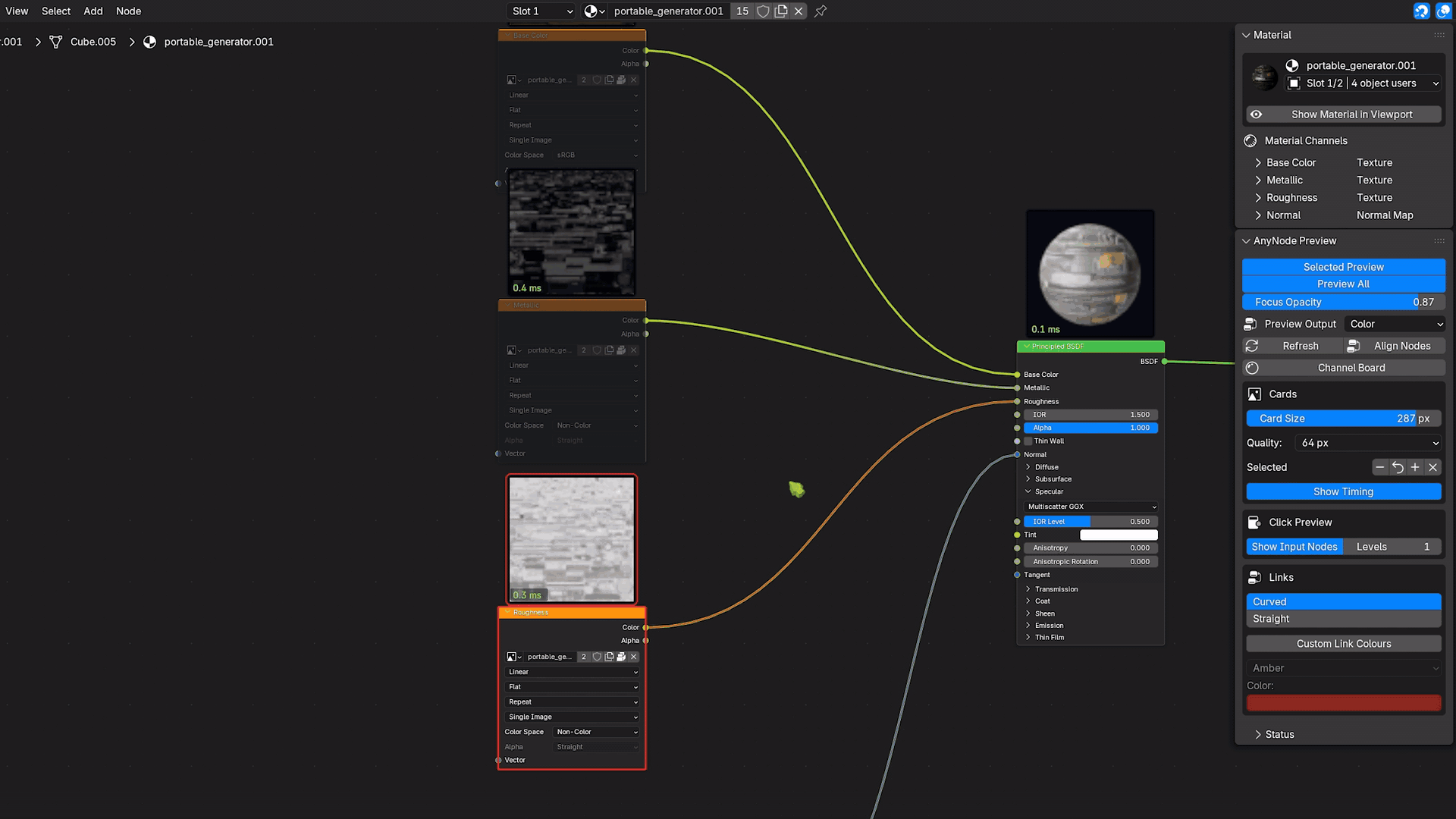 AnyNode PreviewのPreview All機能。シェーダーツリーの各ノード上にプレビューカードとミリ秒のバッジが表示される