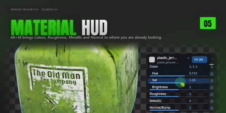 Alt+Mで呼び出したマテリアルHUD。Color・Hue・Sat・Brightness・Roughness・Metallic・Normalのスライダーが3Dビューポート上に並ぶ