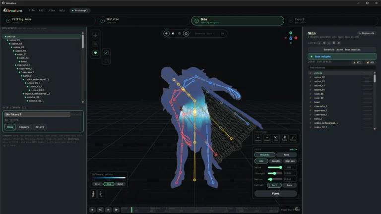 ArmatureのSkinステーション。SkinTokensで生成したウェイトとブラシ操作パネル