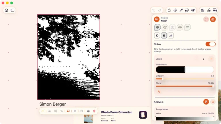 ToolBoxのバリューレンズ。Notanで画像を白黒2値の塊に還元し、しきい値と単純化のスライダーが表示されている
