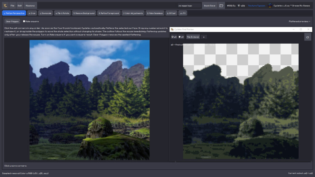 風景写真から遠近をつぶして128×128に落とすところ(画像: Dream Mix Games)