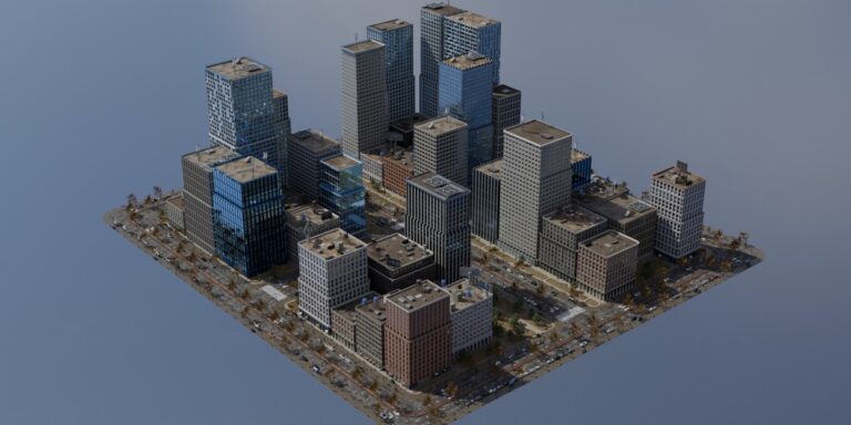 Downtown Generatorで生成した街区の全景。ビル群と街路樹が並ぶ区画がまとまって配置されている