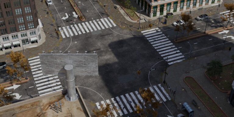 交差点を俯瞰したカット。横断歩道、車線、歩道と路肩が生成されている