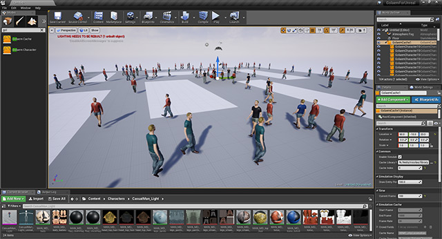 Unreal Engineのエディタに読み込まれたGolaemの群衆