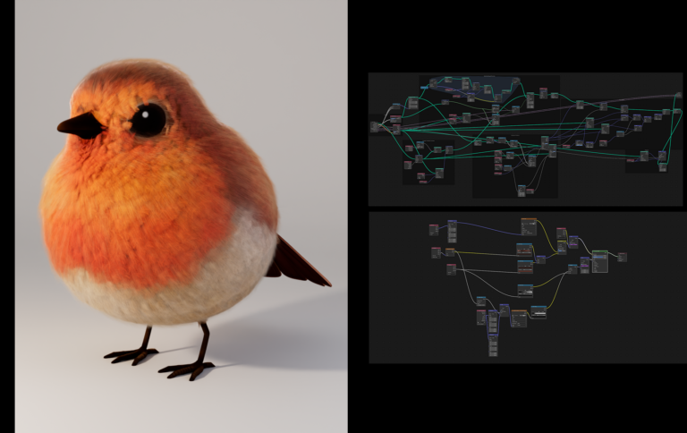 ツールを適用した鳥のレンダリングと、右側に並ぶジオメトリノードのノードグラフ