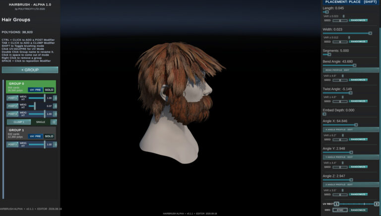 HairBrushのヘアグループとパラメータのパネル（画像: Polytricity）