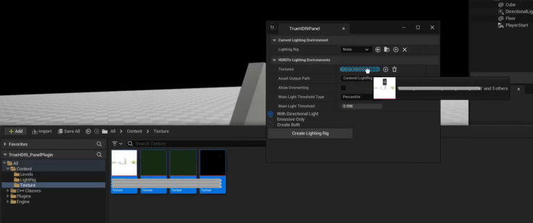 HDRIテクスチャをドラッグ&ドロップして光源環境アセットを生成する（画像: TrueHDRI-panel）