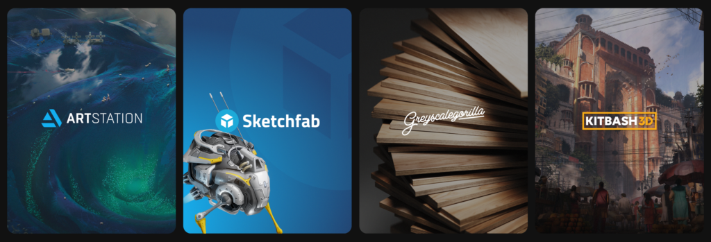 ArtStation・Sketchfab・Greyscalegorilla・KitBash3Dの4ブランドが並んだ公式画像