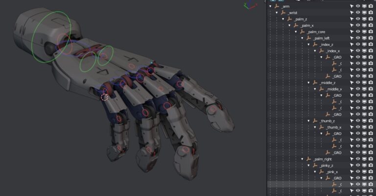 MACHIN3toolsのグループ機能を多用したメカニカルハンドのモデル。アウトライナーには指ごとのグループ階層が並んでいる