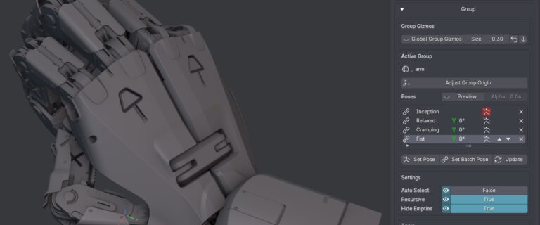 サイドバーのGroupパネル。Inception・Relaxed・Cramping・Flatという4つのグループポーズが登録され、それぞれに角度が設定されている