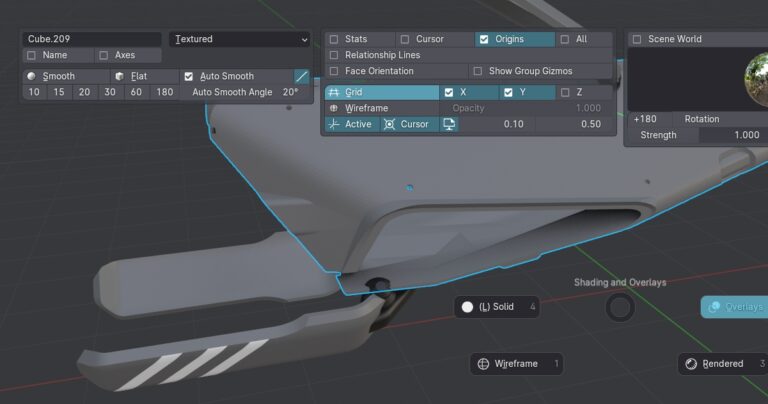 Shadingパイメニュー。表示モードの切り替えとオートスムーズの角度、オーバーレイ設定が同時に出ている