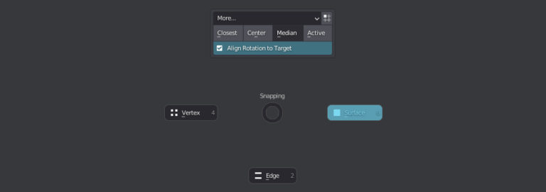 Snappingパイメニュー。Vertex・Edge・Surfaceのプリセットが並び、上部にAlign Rotation to Targetのチェックボックスが表示されている