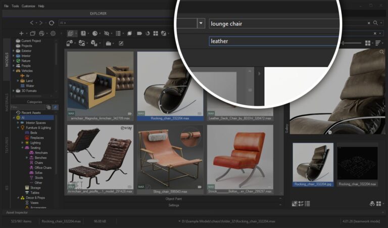 lounge chairで検索しleatherで絞り込んでいるProject Manager(画像: Kstudio)