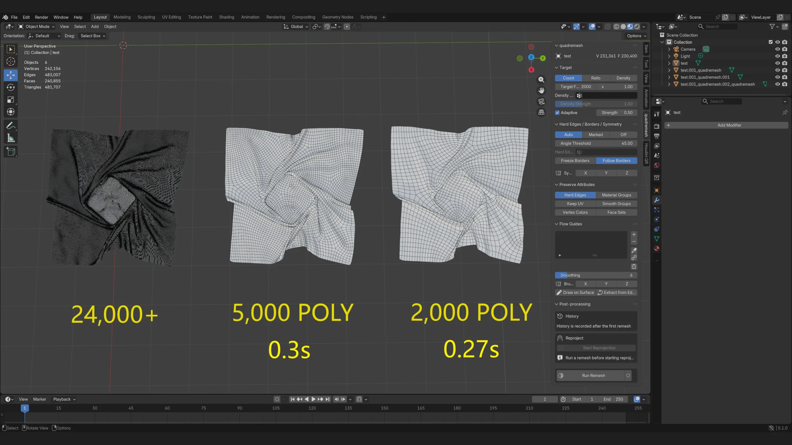 24万ポリゴンの布を5,000ポリと2,000ポリにした例（画像: SyncTools Pro）