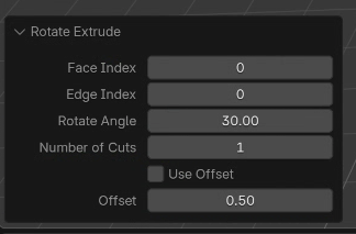 Rotate Extrudeのオペレーターパネル。Face Index、Edge Index、Rotate Angle、Number of Cuts、Use Offset、Offsetの各項目が並んでいる