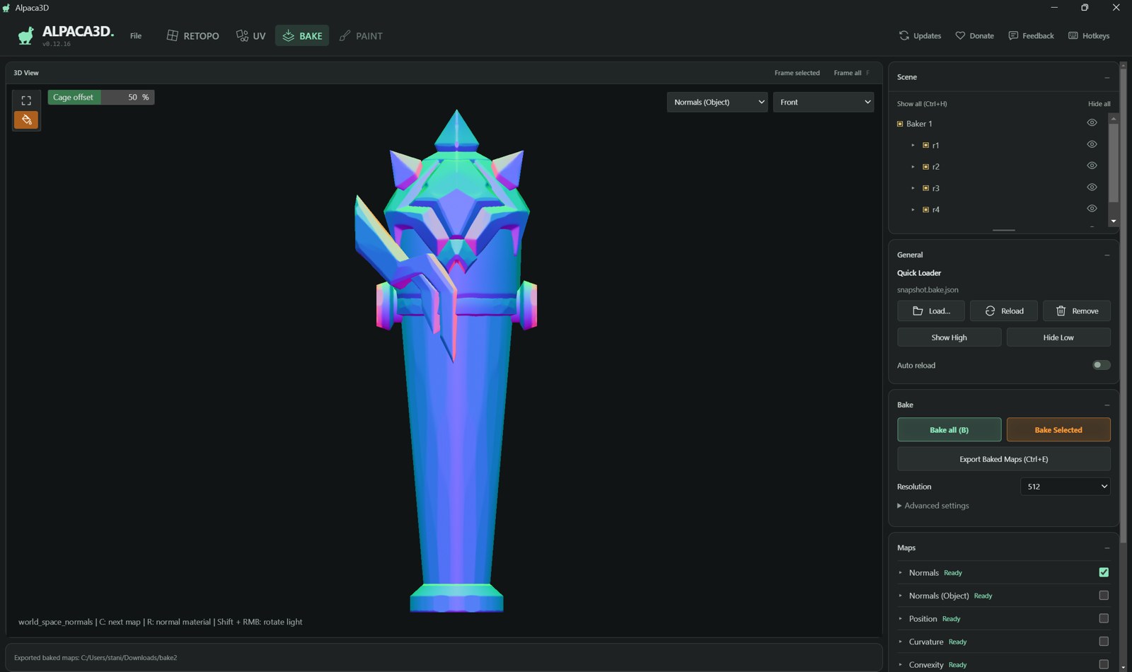 Alpaca3DのBakeラボ。オブジェクト空間ノーマルを焼いたローポリと、右にマップの一覧