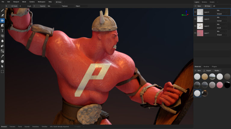 ArmorPaintの画面。左にツール、右にレイヤーとマテリアルが並ぶ