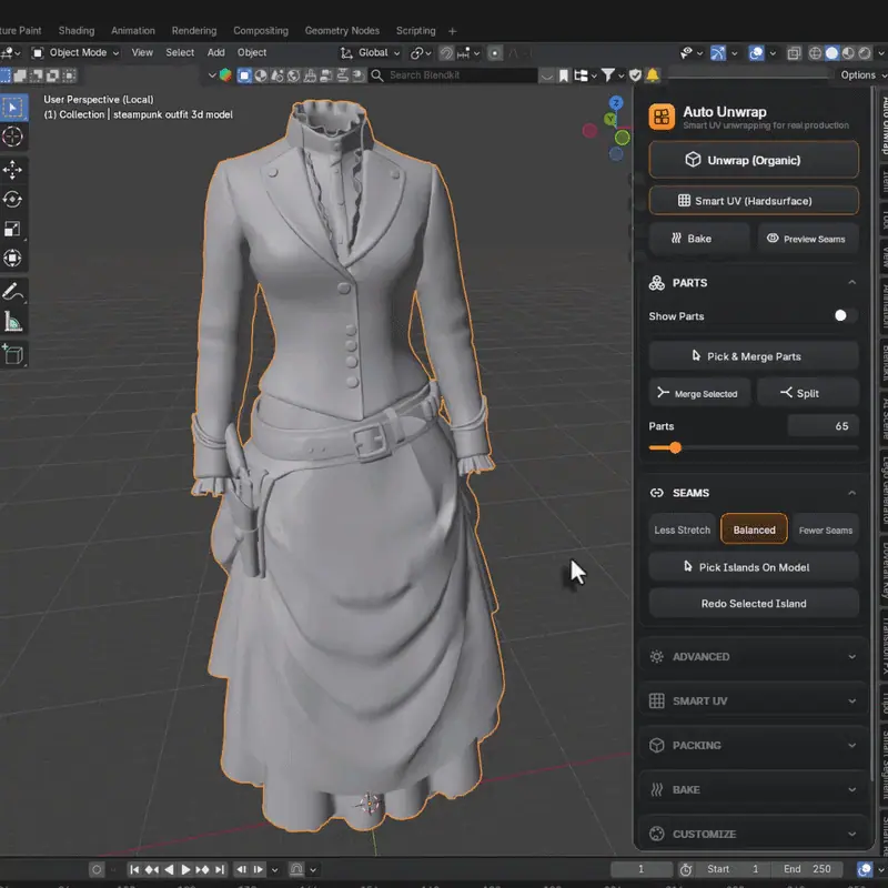 スチームパンク風のドレスにGarment Seamsで縫い目を入れて展開した様子（画像: Auto Unwrap）