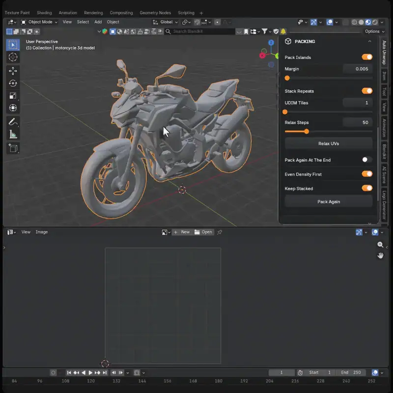 バイクのモデルをSmart UV（Hardsurface）で展開し、UVエディタにアイランドが並ぶ様子（画像: Auto Unwrap）