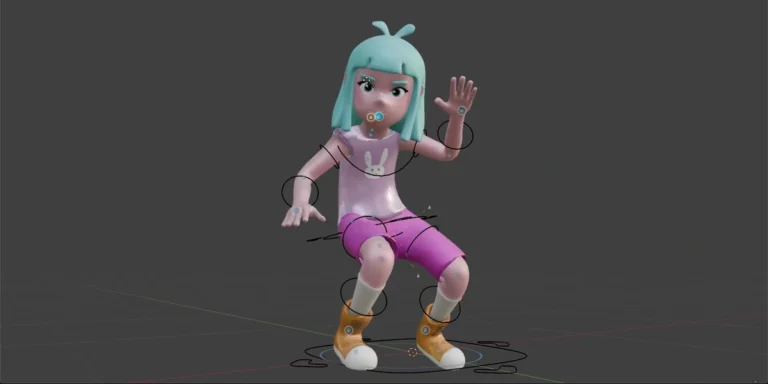 腰を落として片手を挙げたポーズのキャラクター。手足と腰にリグのコントローラーの円が表示されている（画像: Blaze）