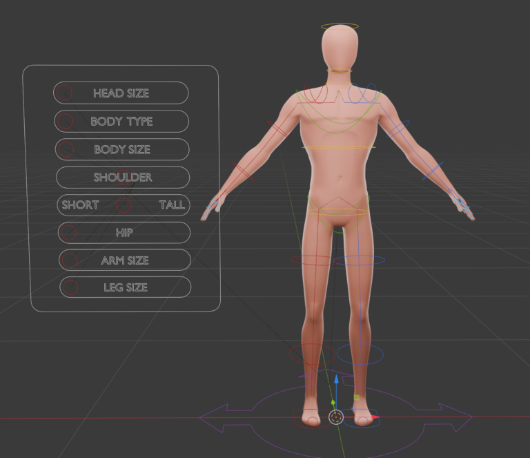 HEAD SIZE・BODY TYPE・SHOULDER・SHORT/TALL・ARM SIZE・LEG SIZEなどのコントロールが並ぶパネルと、リグの付いた男性の素体(画像: ThreeDee)