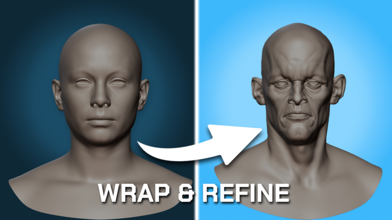 左のなめらかな頭部から右の骨ばった頭部のスカルプトへ矢印が向かい、WRAP & REFINEと書かれた図（画像: Skalin3D）