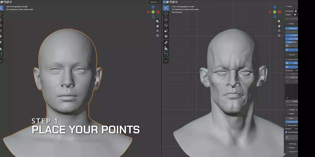 Blenderで左に元のメッシュ、右に合わせ先のスカルプトを並べ、STEP 1 PLACE YOUR POINTSと表示されたアニメーション（画像: Skalin3D）