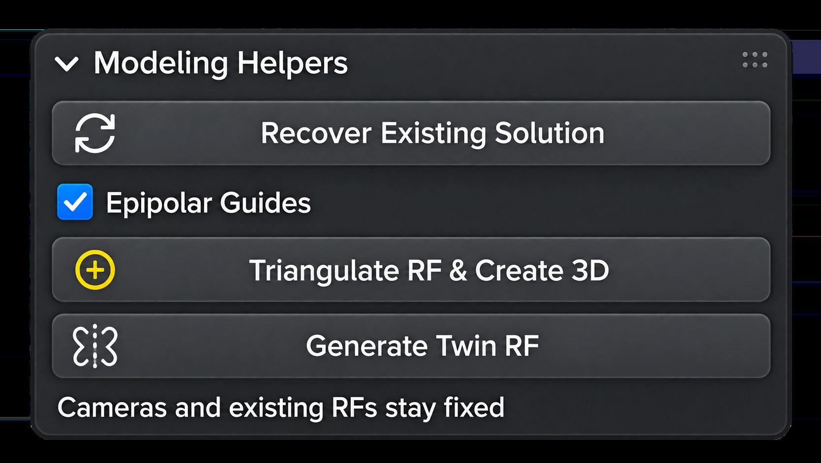 Modeling Helpersパネル。Recover Existing Solution、Epipolar Guides、Triangulate RF & Create 3D、Generate Twin RFのボタン