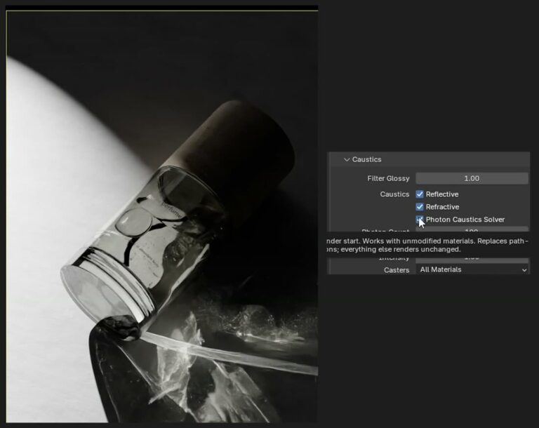 倒れたガラス瓶が床に光の模様を落とすレンダーと、Photon Caustics Solverにチェックを入れた設定パネル（画像: Henrik Soeltzer）