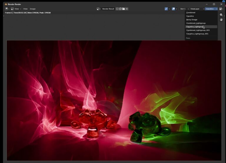 Blenderのレンダー画面で、ライトグループごとのコースティクスのパスを選んでいるところ（画像: Henrik Soeltzer）