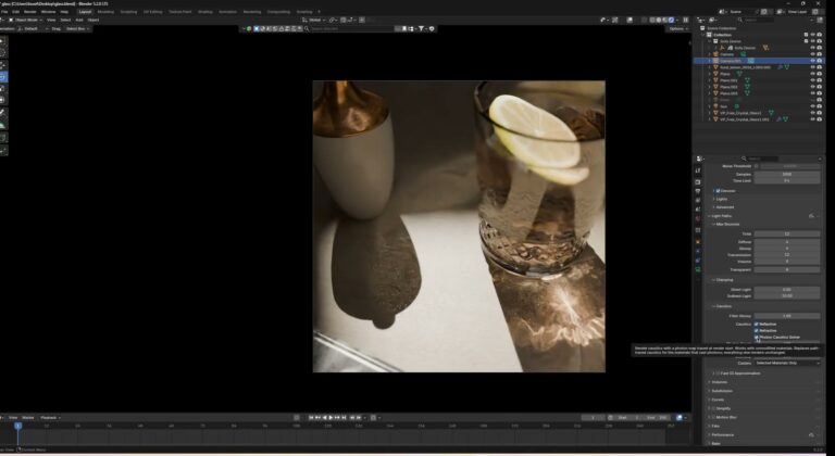 Blenderのビューポートで、グラスの飲み物が床に落とす光の模様がレンダリングされている画面（画像: Henrik Soeltzer）