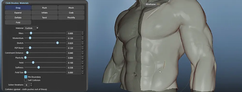 クロスブラシで服のしわを作る様子