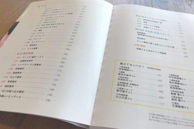 『制作進行の手引き』の目次。第1部・第2部の項目と、各章の区切りに入る「教えてセンパイ！」のインタビュー一覧が並ぶ（画像: CloverWorks）