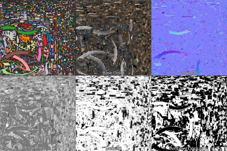 生成されたUVの配置、ベースカラー、ノーマル、ラフネス、メタリック、アンビエントオクルージョンの6枚(画像: ComfyUI)