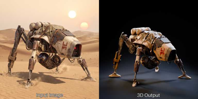 入力画像の4脚ロボットと、そこから生成された3Dモデルの比較(画像: ComfyUI)