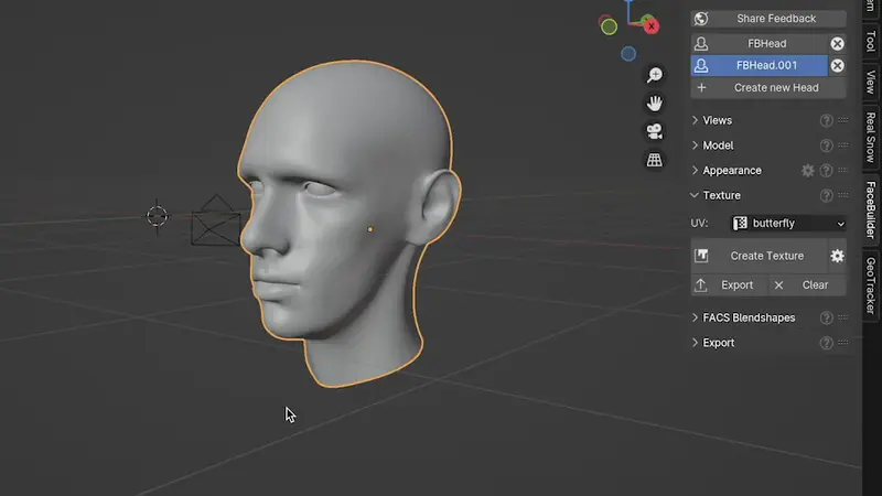 グレーの3D頭部と、右側のパネルにあるCreate Textureボタン（画像: KeenTools）