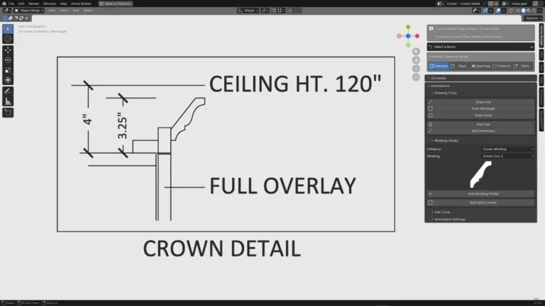 天井高120インチの位置に廻り縁の断面と寸法を描いたCROWN DETAILの図面（画像: Andrew Peel）