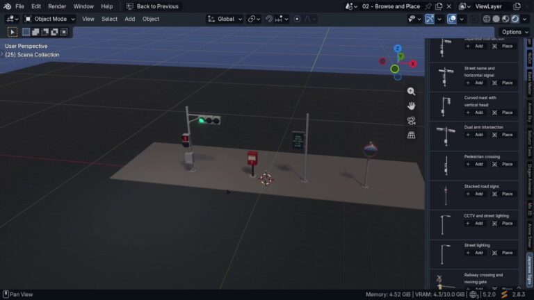 Blenderのビューポートに信号機や街灯、郵便ポストを置いた地面と、右側のJapanese Signsパネルに信号や街灯の一覧とAdd・Placeボタンが並ぶ画面(画像: Mix 3D Design)