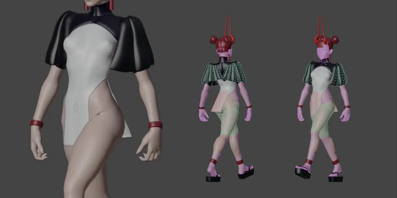 シミュレーション用メッシュを重ねたキャラクターの歩行
