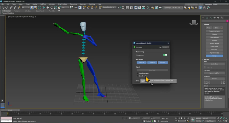 mocopiのモーションを受けて3ds MaxのビューポートでBipedが動いている様子(ソニー公式セットアップページより)