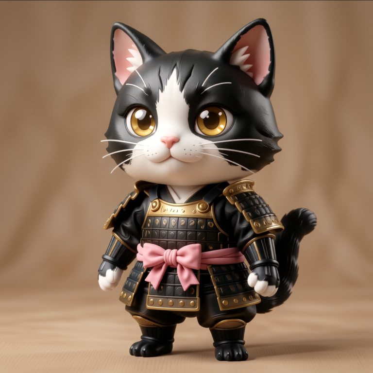 甲冑を着た黒白の猫のキャラクター画像。Modlyの公式サイトで、3Dメッシュ生成のデモの入力に使われている(画像: Modly)
