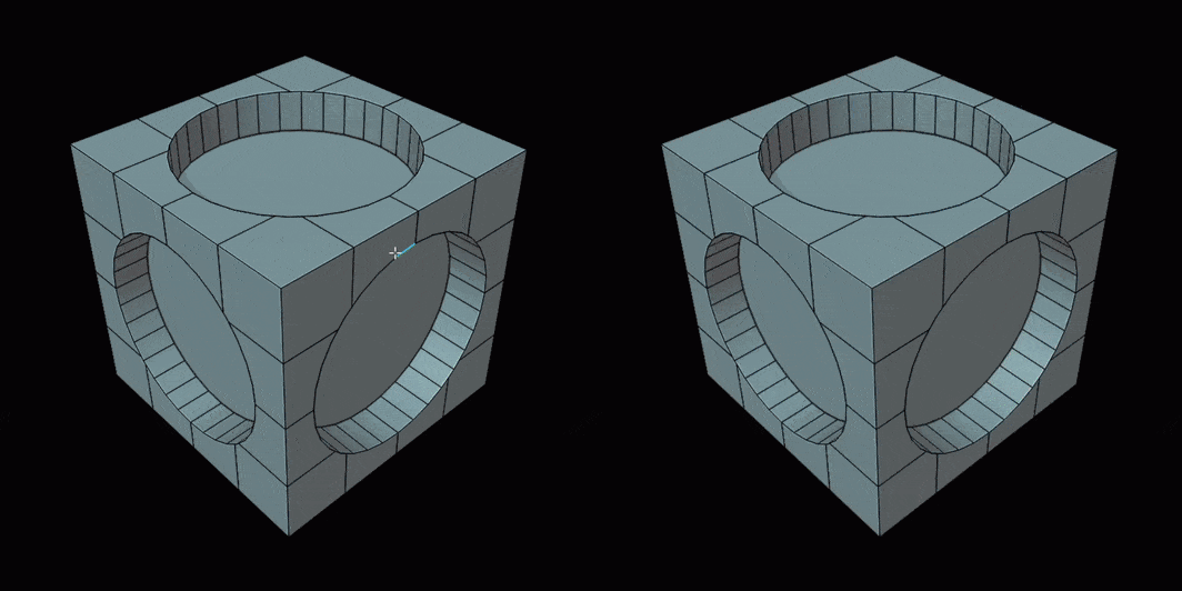 円形の穴を開けた立方体を2つ並べ、左がBlender標準、右がアドオンでループ選択したアニメーション（画像: Amandeep）