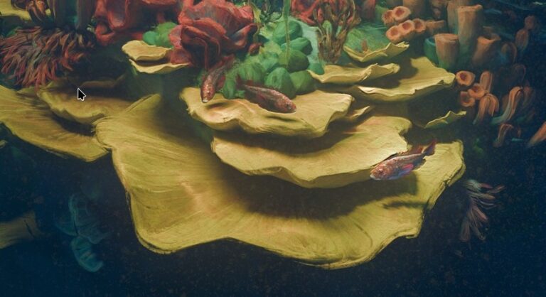 『Project Gold』の水中のカット。絵画調の植物と魚が並んでいる（画像: Blender Studio）