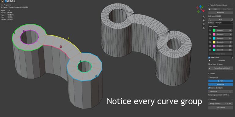 曲線のまとまりを色分けして拾う様子(Notice every curve group)