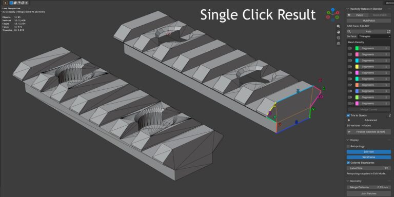 溝の並んだレール状の部品をワンクリックで処理した結果(Single Click Result)