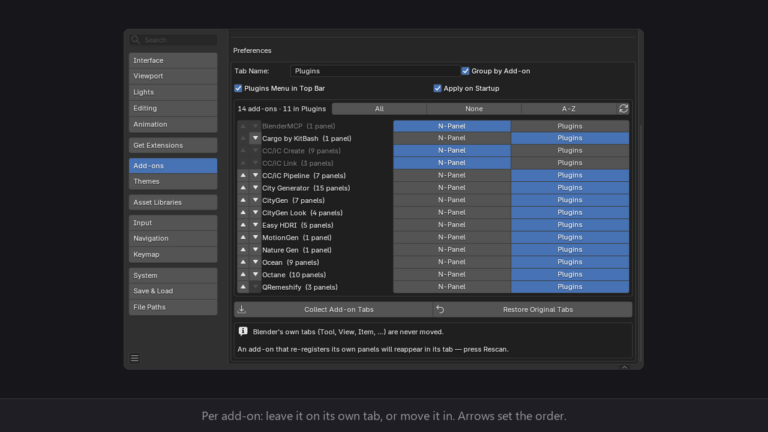 Plugin Hubのプリファレンス。アドオンごとにN-PanelとPluginsの切り替えボタンと並び順の矢印があり、下にCollect Add-on TabsとRestore Original Tabsのボタンがある（画像: calebdeleon）